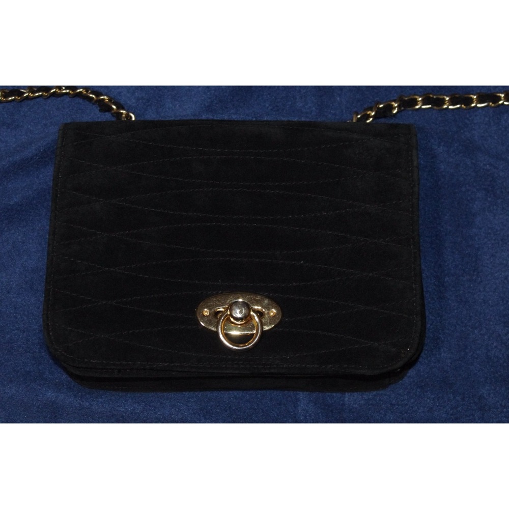 Y2K Quilted Black Suede Crossbody Bag Purse‎ Gold Chain Strap Bechamel EUC
